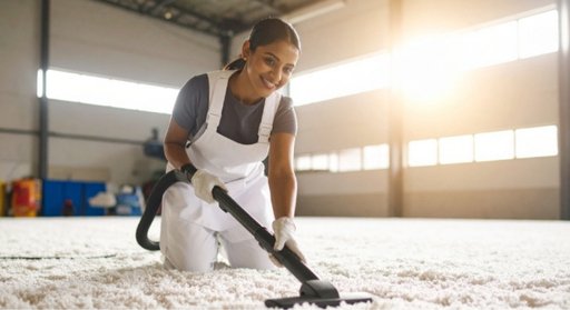 a woman vacuuming carpet in a warehouse