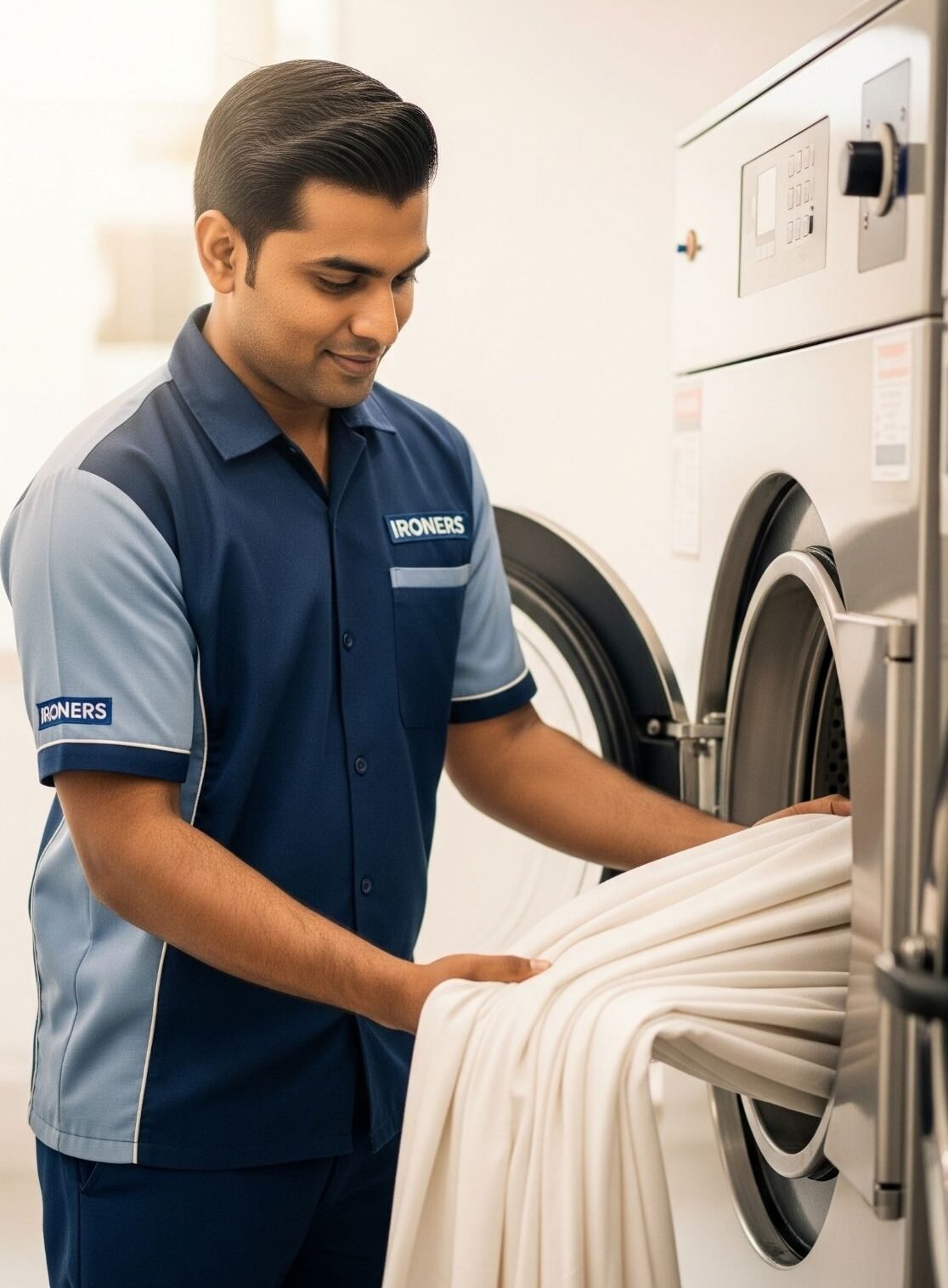 male taking out curtains form the washing machine long image