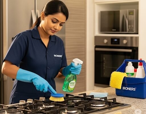 a woman cleaning a stove